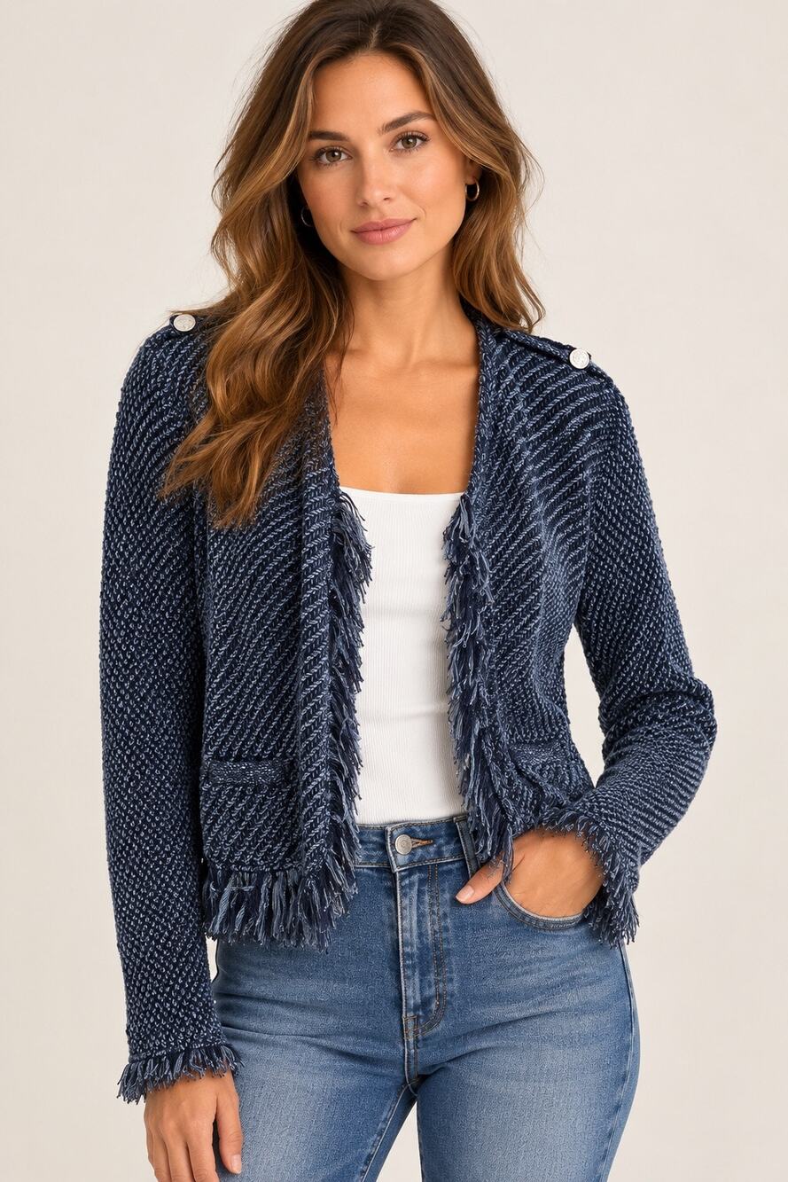 WHBM WHITE HOUSE BLACK MARKET Sweater Jacket M Navy Blue Fringe Texture Cardigan
